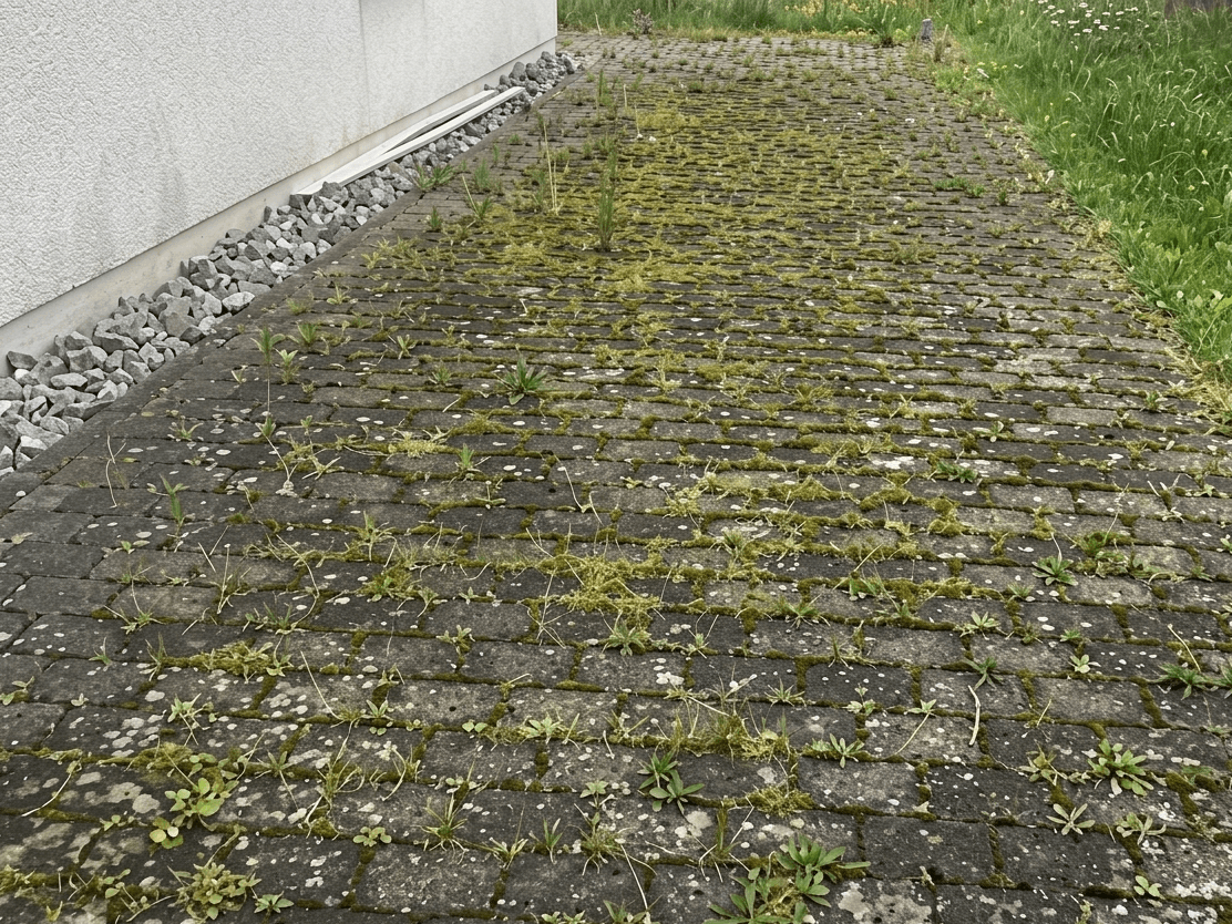 Gehweg aus grauem Verbundpflaster an der Hauswand – vorher dicht von Moos und Unkraut überwachsen, nachher tiefenrein. — vorher