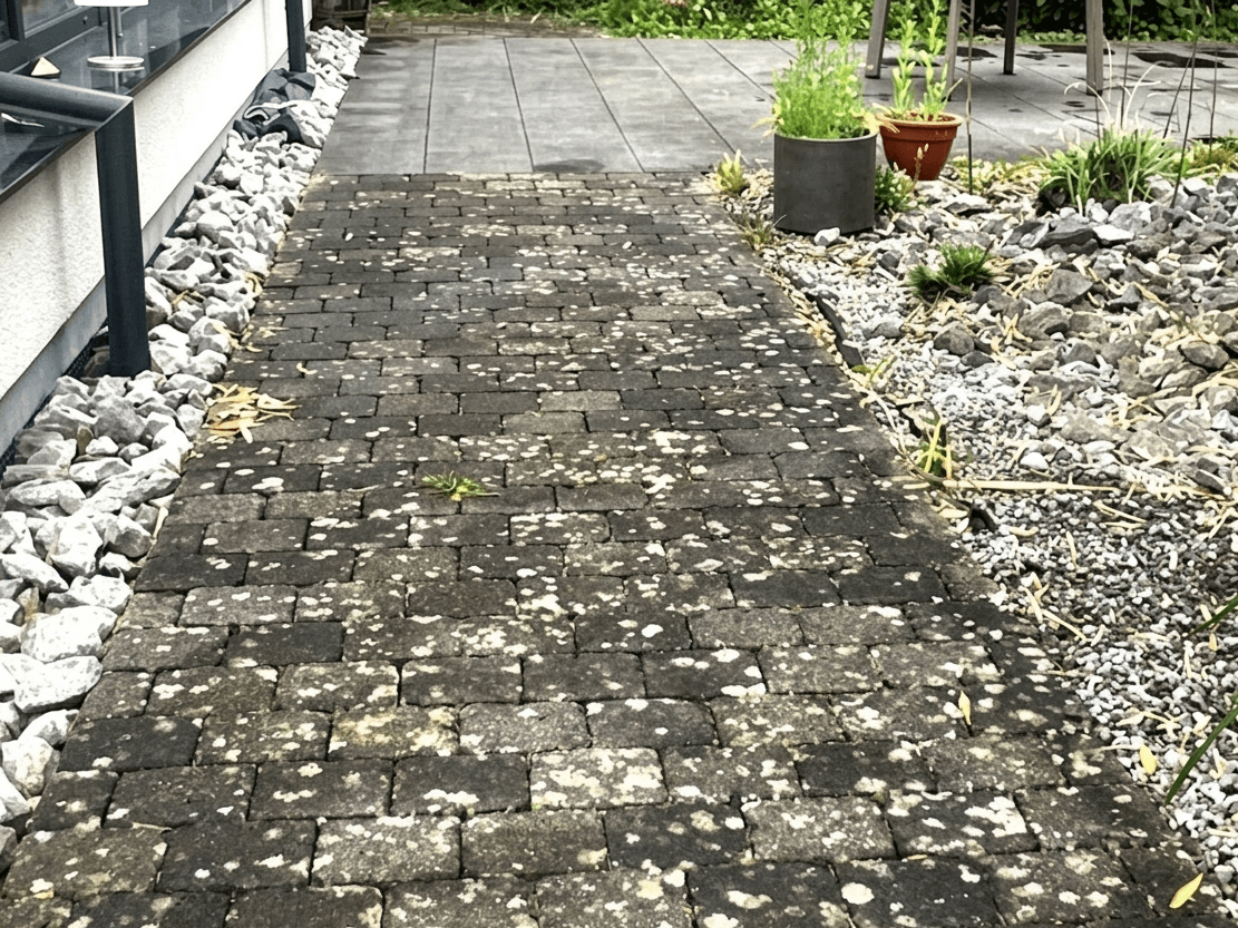Gepflasterter Gartenweg zur Terrasse mit Kiesbeet: vorher dunkel und bemoost, nachher hell und sauber., vorher