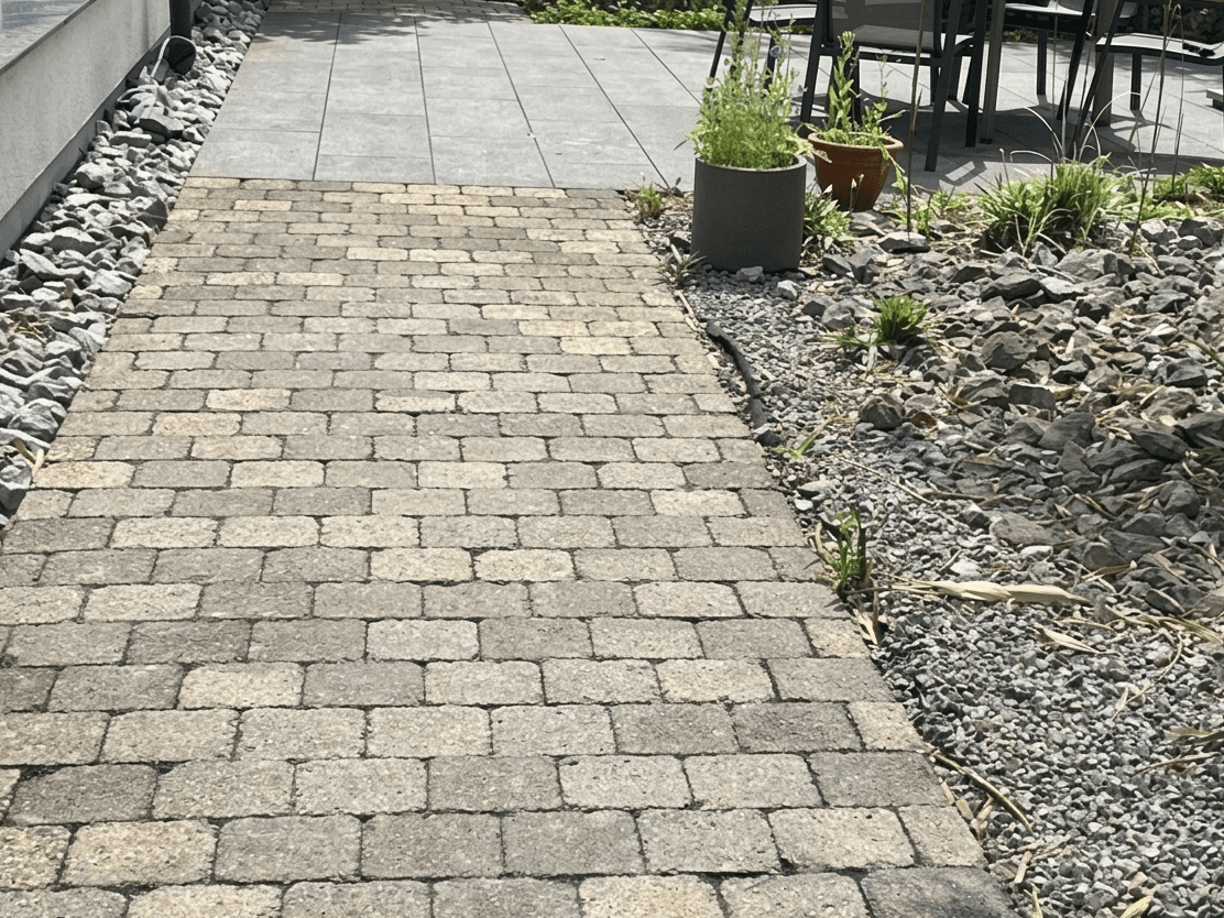 Gepflasterter Gartenweg zur Terrasse mit Kiesbeet: vorher dunkel und bemoost, nachher hell und sauber., nachher