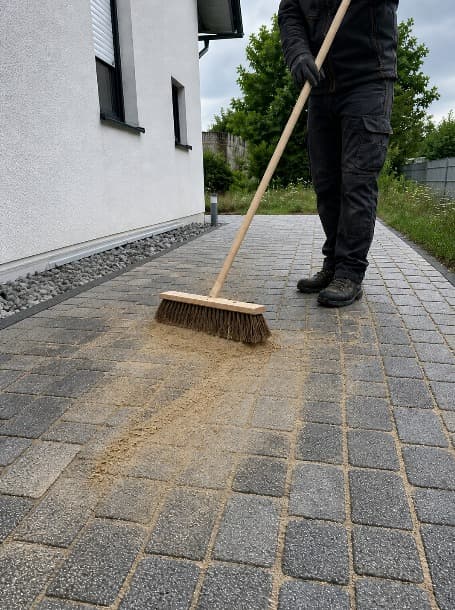Einkehren von Fugensand in eine frisch gereinigte Pflasterfläche