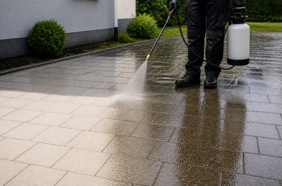 Imprägnierung einer frisch gereinigten Pflaster-Einfahrt mit dem Drucksprüher